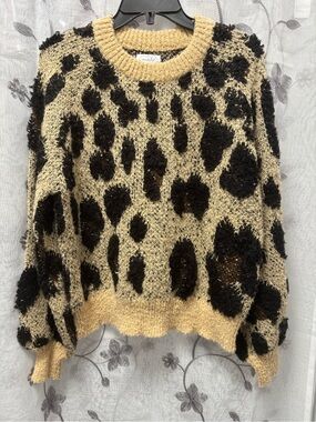 Mud Pie Tan & Black Leopard-Print Fuzzy Crewneck Sweater